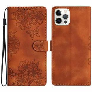 For iPhone 15 Pro Max Cherry Blossom Butterfly Skin Feel Embossed PU Phone Case(Brown)