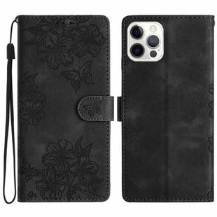 For iPhone 15 Pro Cherry Blossom Butterfly Skin Feel Embossed PU Phone Case(Black)