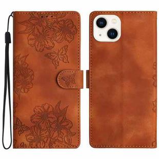 For iPhone 15 Plus Cherry Blossom Butterfly Skin Feel Embossed PU Phone Case(Brown)