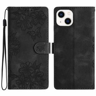 For iPhone 15 Plus Cherry Blossom Butterfly Skin Feel Embossed PU Phone Case(Black)