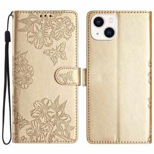 For iPhone 15 Plus Cherry Blossom Butterfly Skin Feel Embossed PU Phone Case(Gold)