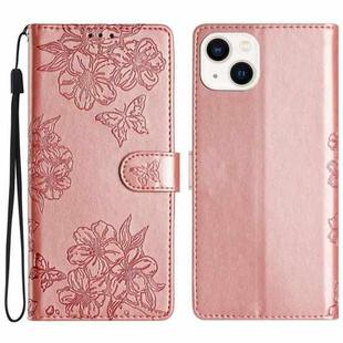 For iPhone 15 Plus Cherry Blossom Butterfly Skin Feel Embossed PU Phone Case(Rose Gold)