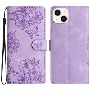 For iPhone 15 Cherry Blossom Butterfly Skin Feel Embossed PU Phone Case(Purple)