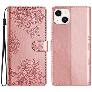 For iPhone 15 Cherry Blossom Butterfly Skin Feel Embossed PU Phone Case(Rose Gold)