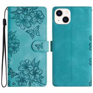 For iPhone 14 Plus Cherry Blossom Butterfly Skin Feel Embossed PU Phone Case(Green)