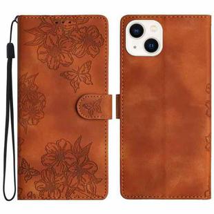 For iPhone 14 Plus Cherry Blossom Butterfly Skin Feel Embossed PU Phone Case(Brown)