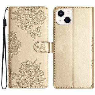 For iPhone 14 Plus Cherry Blossom Butterfly Skin Feel Embossed PU Phone Case(Gold)