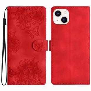 For iPhone 14 Cherry Blossom Butterfly Skin Feel Embossed PU Phone Case(Red)