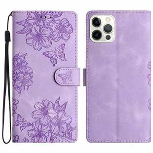 For iPhone 14 Pro Max Cherry Blossom Butterfly Skin Feel Embossed PU Phone Case(Purple)