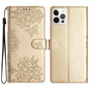 For iPhone 14 Pro Max Cherry Blossom Butterfly Skin Feel Embossed PU Phone Case(Gold)