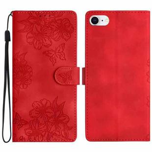 For iPhone SE 2022 / SE 2020 Cherry Blossom Butterfly Skin Feel Embossed PU Phone Case(Red)