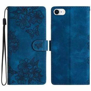 For iPhone SE 2022 / SE 2020 Cherry Blossom Butterfly Skin Feel Embossed PU Phone Case(Blue)
