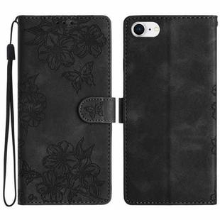 For iPhone SE 2022 / SE 2020 Cherry Blossom Butterfly Skin Feel Embossed PU Phone Case(Black)