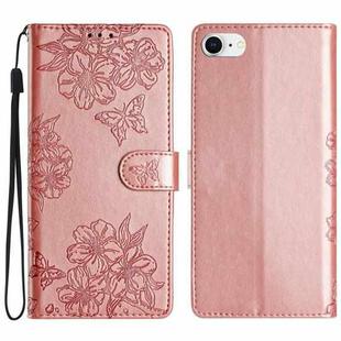 For iPhone SE 2022 / SE 2020 Cherry Blossom Butterfly Skin Feel Embossed PU Phone Case(Rose Gold)