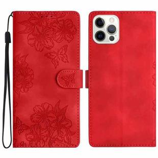 For iPhone 13 Pro Max Cherry Blossom Butterfly Skin Feel Embossed PU Phone Case(Red)