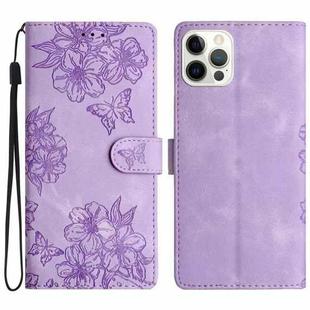 For iPhone 13 Pro Cherry Blossom Butterfly Skin Feel Embossed PU Phone Case(Purple)