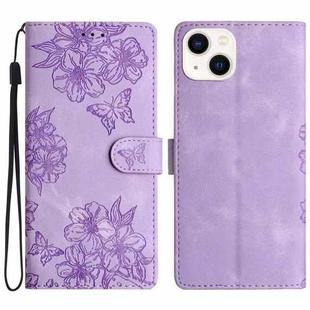 For iPhone 13 Cherry Blossom Butterfly Skin Feel Embossed PU Phone Case(Purple)