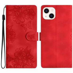 For iPhone 13 mini Cherry Blossom Butterfly Skin Feel Embossed PU Phone Case(Red)