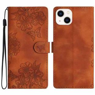 For iPhone 13 mini Cherry Blossom Butterfly Skin Feel Embossed PU Phone Case(Brown)