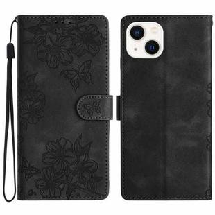 For iPhone 13 mini Cherry Blossom Butterfly Skin Feel Embossed PU Phone Case(Black)