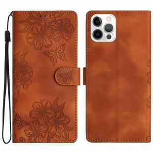 For iPhone 12 Pro Max Cherry Blossom Butterfly Skin Feel Embossed PU Phone Case(Brown)