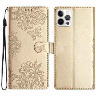 For iPhone 12 Pro Max Cherry Blossom Butterfly Skin Feel Embossed PU Phone Case(Gold)