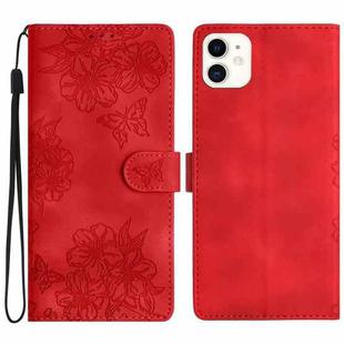 For iPhone 12 mini Cherry Blossom Butterfly Skin Feel Embossed PU Phone Case(Red)