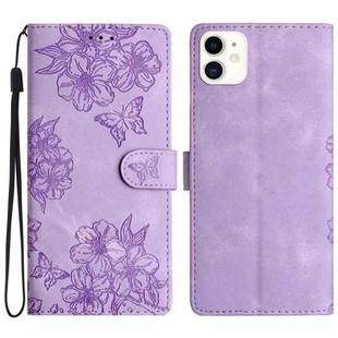 For iPhone 12 mini Cherry Blossom Butterfly Skin Feel Embossed PU Phone Case(Purple)