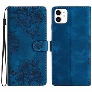 For iPhone 12 mini Cherry Blossom Butterfly Skin Feel Embossed PU Phone Case(Blue)