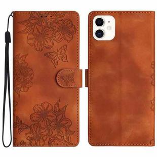 For iPhone 12 mini Cherry Blossom Butterfly Skin Feel Embossed PU Phone Case(Brown)