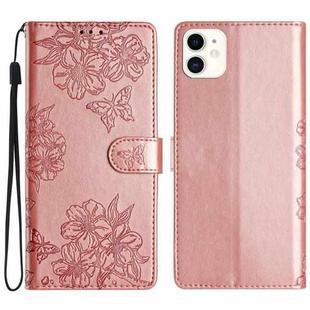 For iPhone 12 mini Cherry Blossom Butterfly Skin Feel Embossed PU Phone Case(Rose Gold)