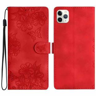 For iPhone 11 Pro Max Cherry Blossom Butterfly Skin Feel Embossed PU Phone Case(Red)