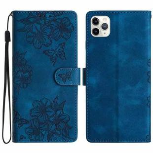 For iPhone 11 Pro Max Cherry Blossom Butterfly Skin Feel Embossed PU Phone Case(Blue)