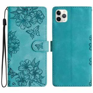 For iPhone 11 Pro Max Cherry Blossom Butterfly Skin Feel Embossed PU Phone Case(Green)