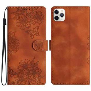 For iPhone 11 Pro Max Cherry Blossom Butterfly Skin Feel Embossed PU Phone Case(Brown)