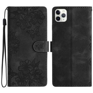 For iPhone 11 Pro Max Cherry Blossom Butterfly Skin Feel Embossed PU Phone Case(Black)