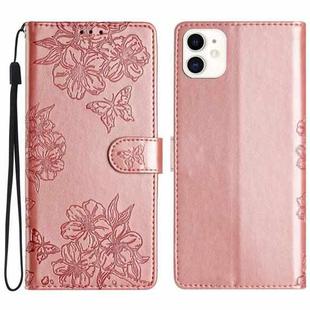 For iPhone 11 Cherry Blossom Butterfly Skin Feel Embossed PU Phone Case(Rose Gold)
