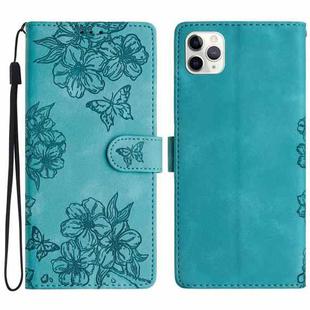 For iPhone 11 Pro Cherry Blossom Butterfly Skin Feel Embossed PU Phone Case(Green)