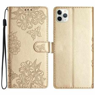 For iPhone 11 Pro Cherry Blossom Butterfly Skin Feel Embossed PU Phone Case(Gold)