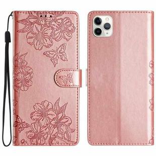 For iPhone 11 Pro Cherry Blossom Butterfly Skin Feel Embossed PU Phone Case(Rose Gold)