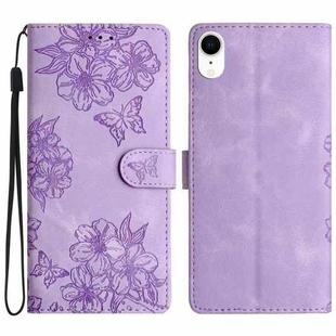 For iPhone XS / X Cherry Blossom Butterfly Skin Feel Embossed PU Phone Case(Purple)