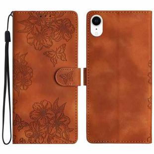 For iPhone XS / X Cherry Blossom Butterfly Skin Feel Embossed PU Phone Case(Brown)