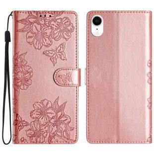 For iPhone XS / X Cherry Blossom Butterfly Skin Feel Embossed PU Phone Case(Rose Gold)