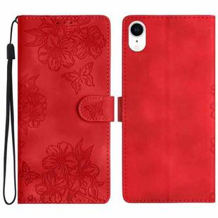 For iPhone XR Cherry Blossom Butterfly Skin Feel Embossed PU Phone Case(Red)