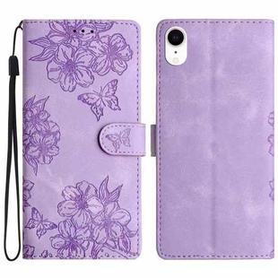 For iPhone XR Cherry Blossom Butterfly Skin Feel Embossed PU Phone Case(Purple)