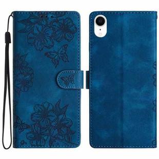 For iPhone XR Cherry Blossom Butterfly Skin Feel Embossed PU Phone Case(Blue)