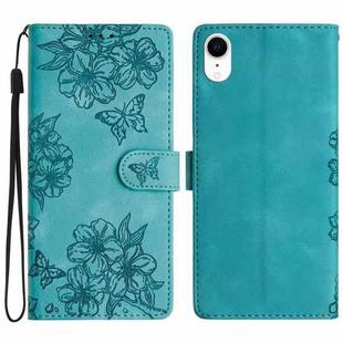 For iPhone XR Cherry Blossom Butterfly Skin Feel Embossed PU Phone Case(Green)