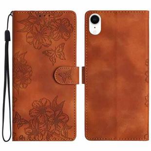 For iPhone XR Cherry Blossom Butterfly Skin Feel Embossed PU Phone Case(Brown)