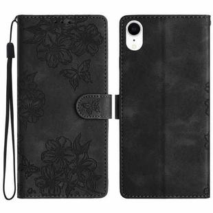 For iPhone XR Cherry Blossom Butterfly Skin Feel Embossed PU Phone Case(Black)
