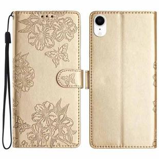 For iPhone XR Cherry Blossom Butterfly Skin Feel Embossed PU Phone Case(Gold)